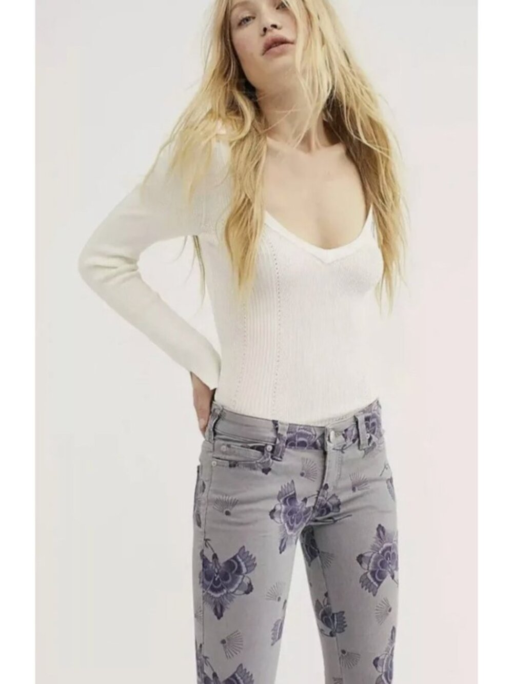 NWOT Free People Gray Mid-Rise Floral Super Flare Bell Bottom Jeans 32| 70s Boho - Picture 3 of 16